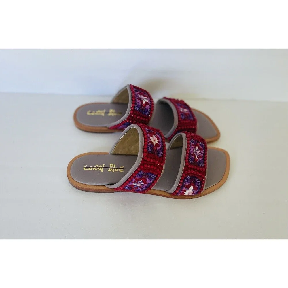 Anthropologie Coral Blue Purple Red Granny Square Flats Embroidery Bead Sandal 9